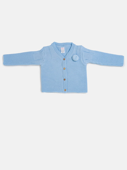 Baby Boy Button-Down Knitted Cardigan with Pom-Pom - Baby Blue
