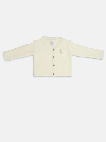 Baby Boy Button-Down Knitted Cardigan with Pom-Pom - Ivory