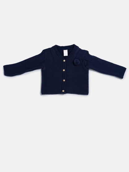 Baby Boy Button-Down Knitted Cardigan with Pom-Pom - Navy Blue