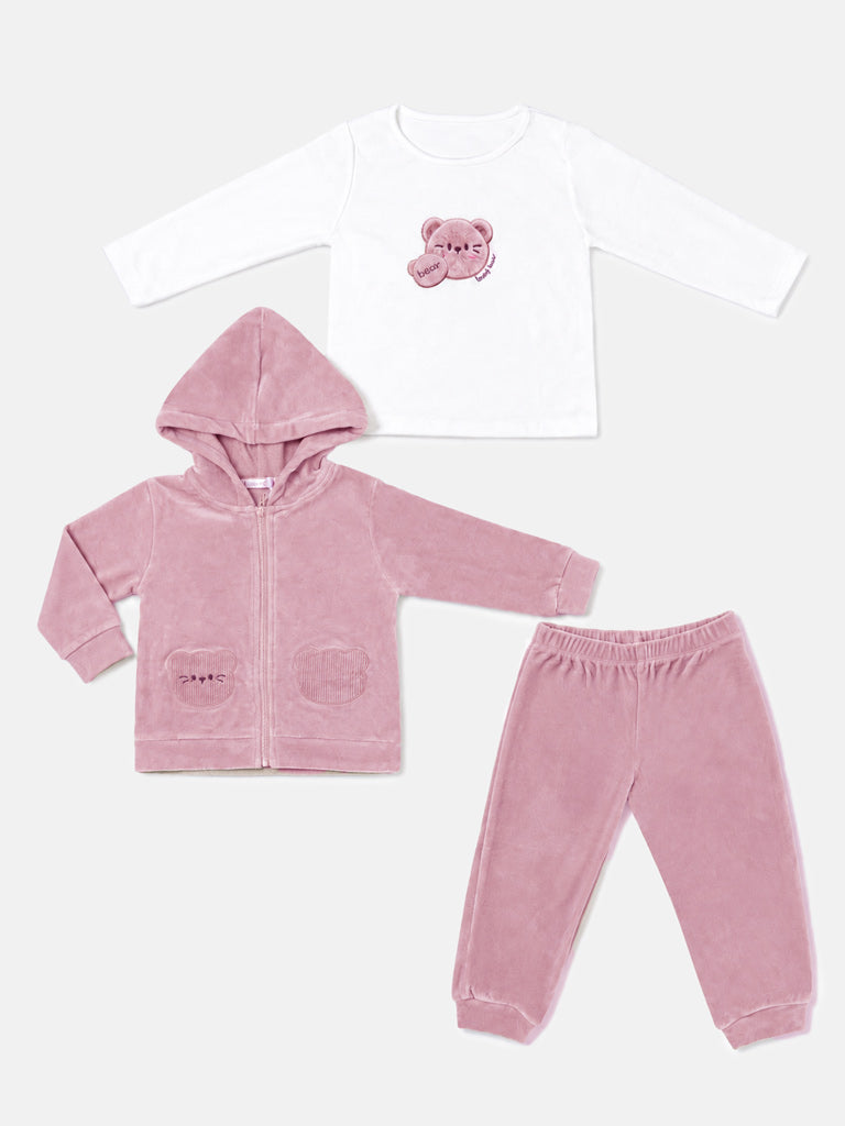 Baby Girl Gia Collection 3-Piece Tracksuit Set with Teddy Appliqué - Dusty Pink