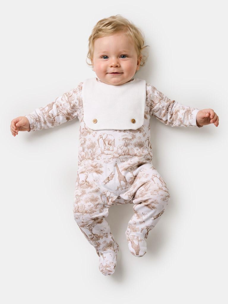 Velour Safari Grow with Attached Small Bib & Buttons - Safari Collection - Beige