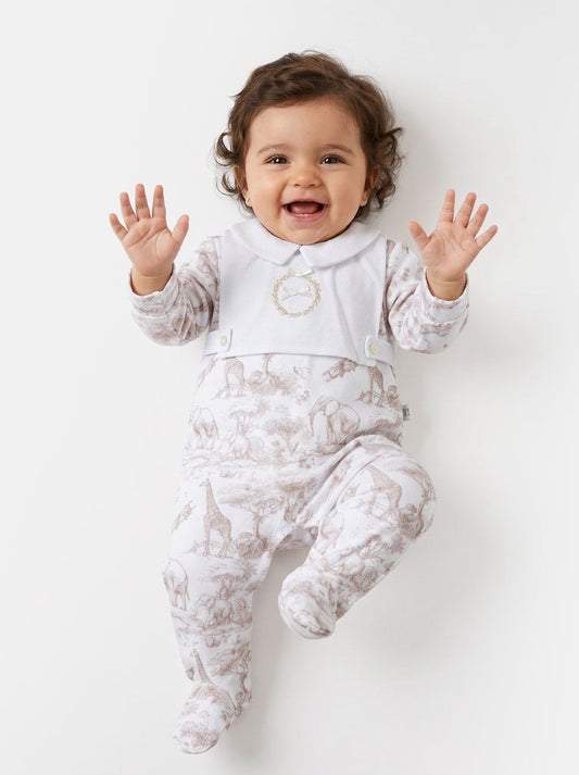 Velour Baby Grow with Embroidered Wreath Safari Collection - Beige