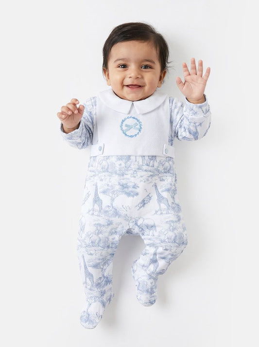 Velour Baby Grow with Embroidered Wreath Safari Collection - Baby Blue