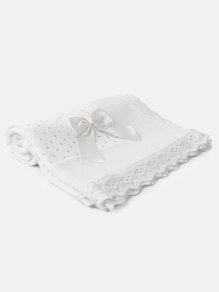 Baby Open Dot Knitted Spanish Blanket with Bow - White