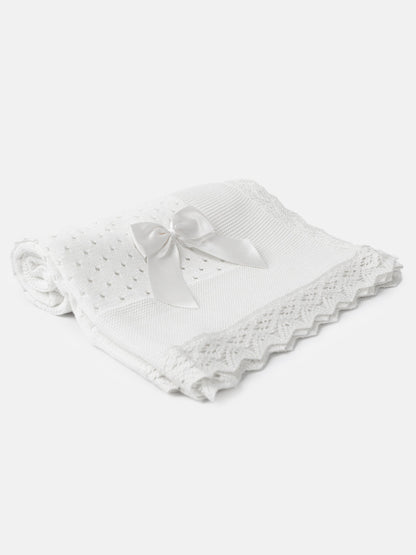 Baby Open Dot Knitted Spanish Blanket with Bow - White