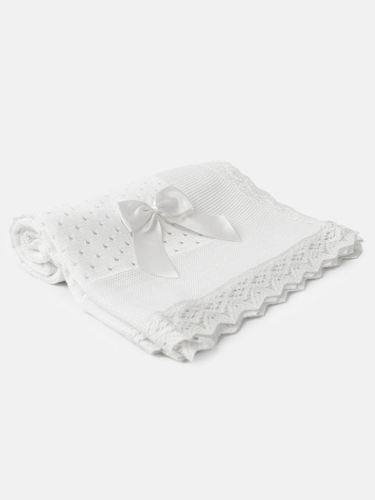 Baby Open Dot Knitted Spanish Blanket with Bow - White