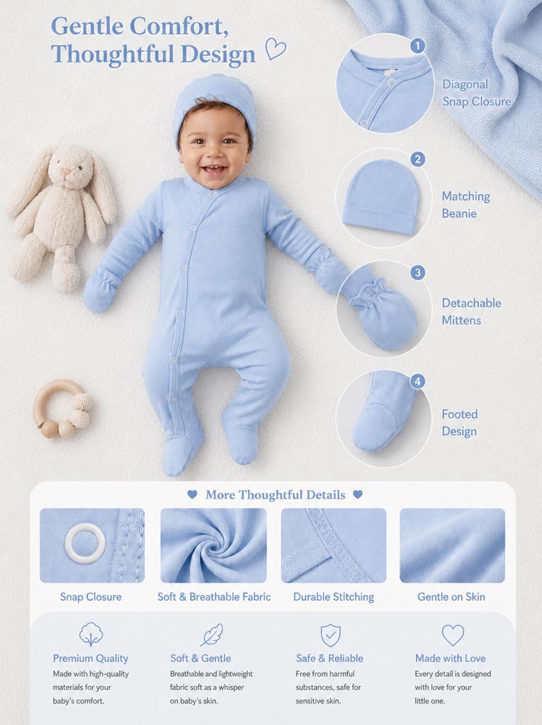 Baby Grow 5-Piece Cotton Set for Embroidery - Baby Blue