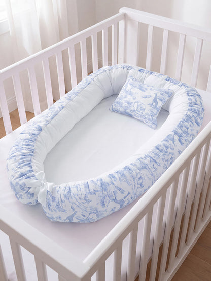 Baby Sleeping Nest + Matching Pillow Set - Safari Collection - Baby Blue