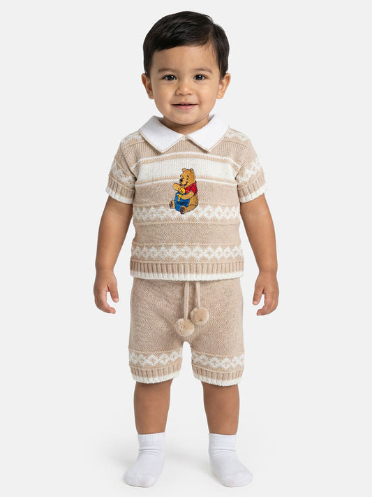 Baby Boy Pedro Collection 2-piece Knitted Set with Winnie Embroidery - Beige