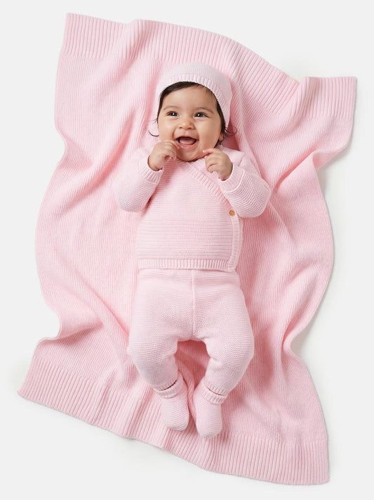 Baby 4-Piece Knitted Set + Blanket for Embroidery - Baby Pink