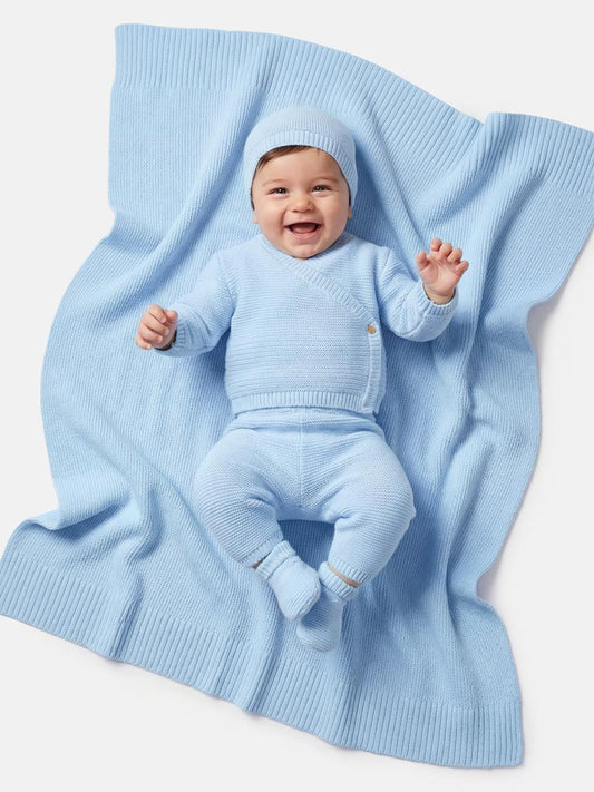 Baby 4-Piece Knitted Set + Blanket for Embroidery - Baby Blue