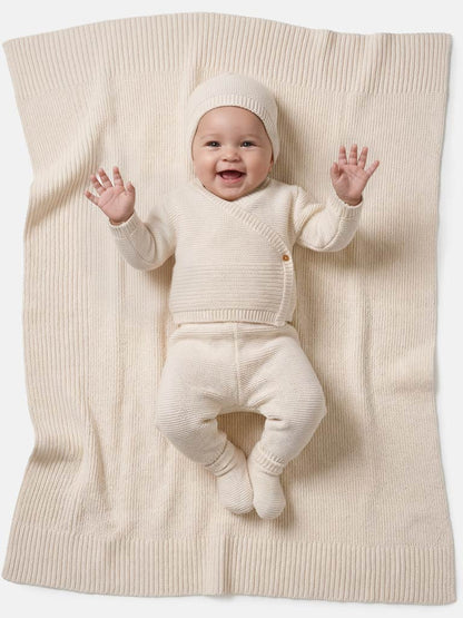 Baby 4-Piece Knitted Set + Blanket for Embroidery - Beige