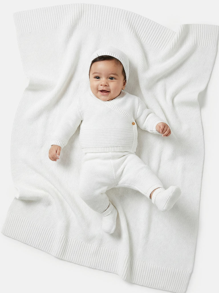Baby 4-Piece Knitted Set + Blanket for Embroidery - White