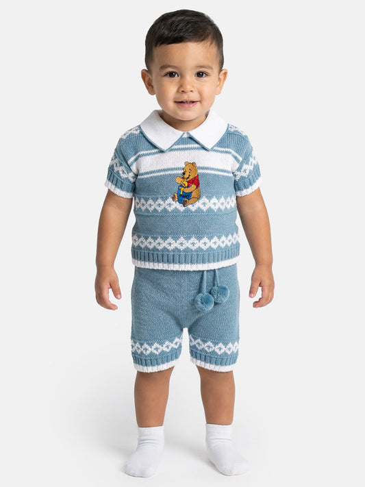 Baby Boy Pedro Collection 2-piece Knitted Set with Winnie Embroidery - Blue