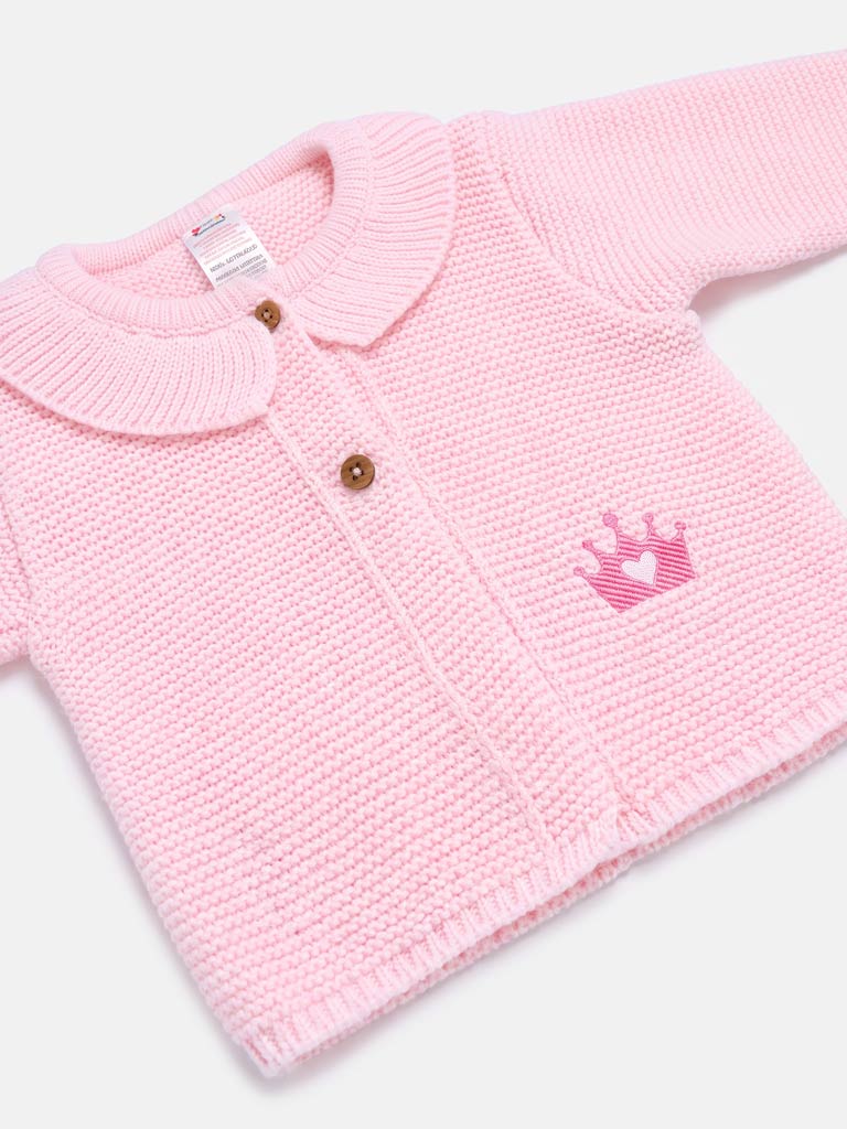 Baby Girl Princess Knitted Cardigan with Embroidered Crown - Baby Pink