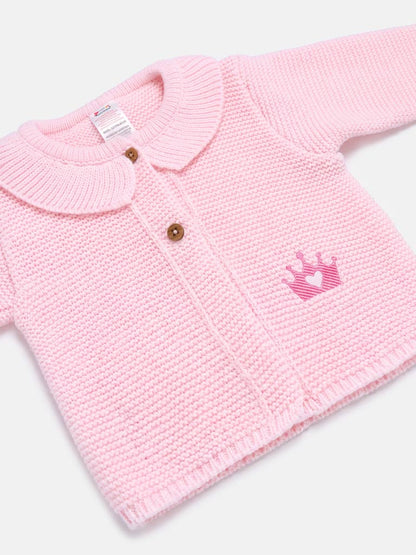 Baby Girl Princess Knitted Cardigan with Embroidered Crown - Baby Pink