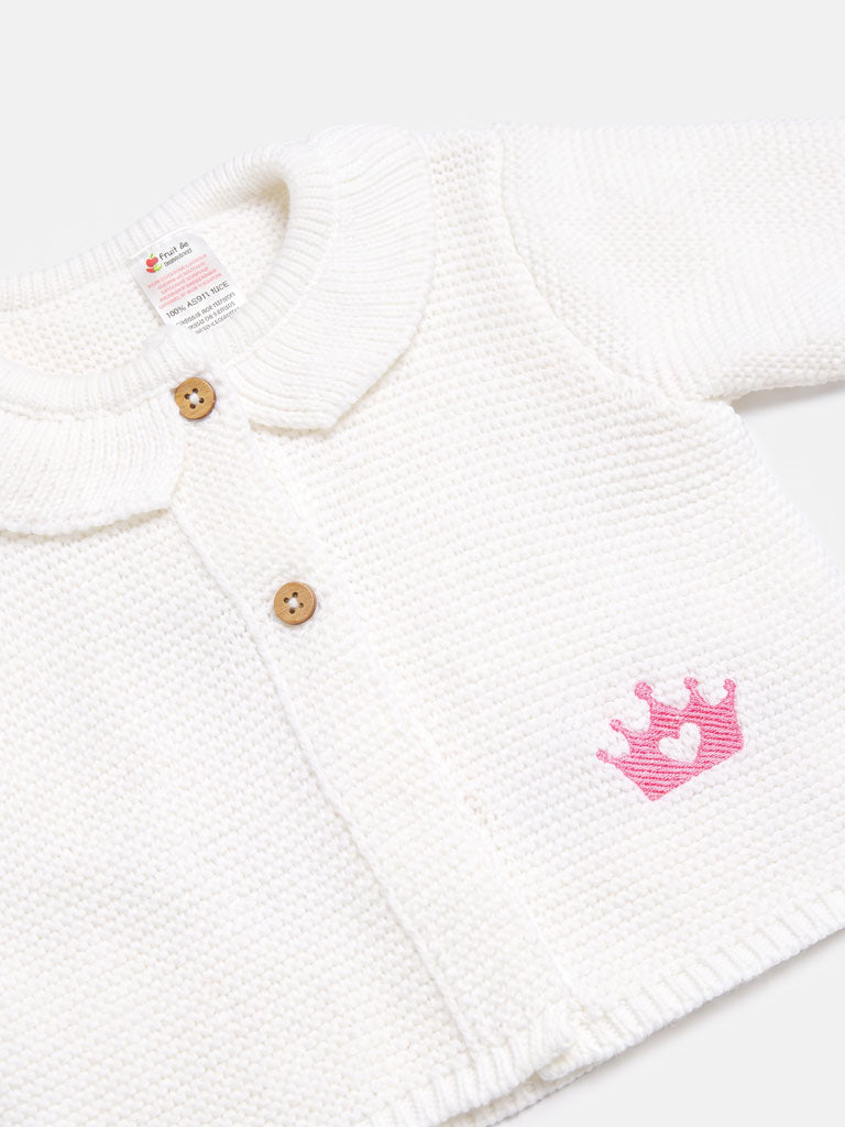Baby Girl Princess Knitted Cardigan with Embroidered Crown - Ivory