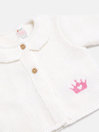 Baby Girl Princess Knitted Cardigan with Embroidered Crown - Ivory