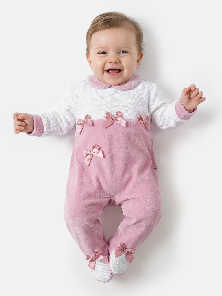 Baby Grow for Girls with Half-Knit Detail & 4 Satin Bows - Dusty Pink