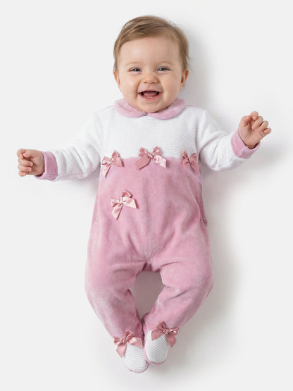 Baby Grow for Girls with Half-Knit Detail & 4 Satin Bows - Dusty Pink
