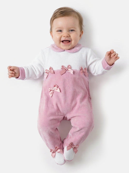 Baby Grow for Girls with Half-Knit Detail & 4 Satin Bows - Dusty Pink
