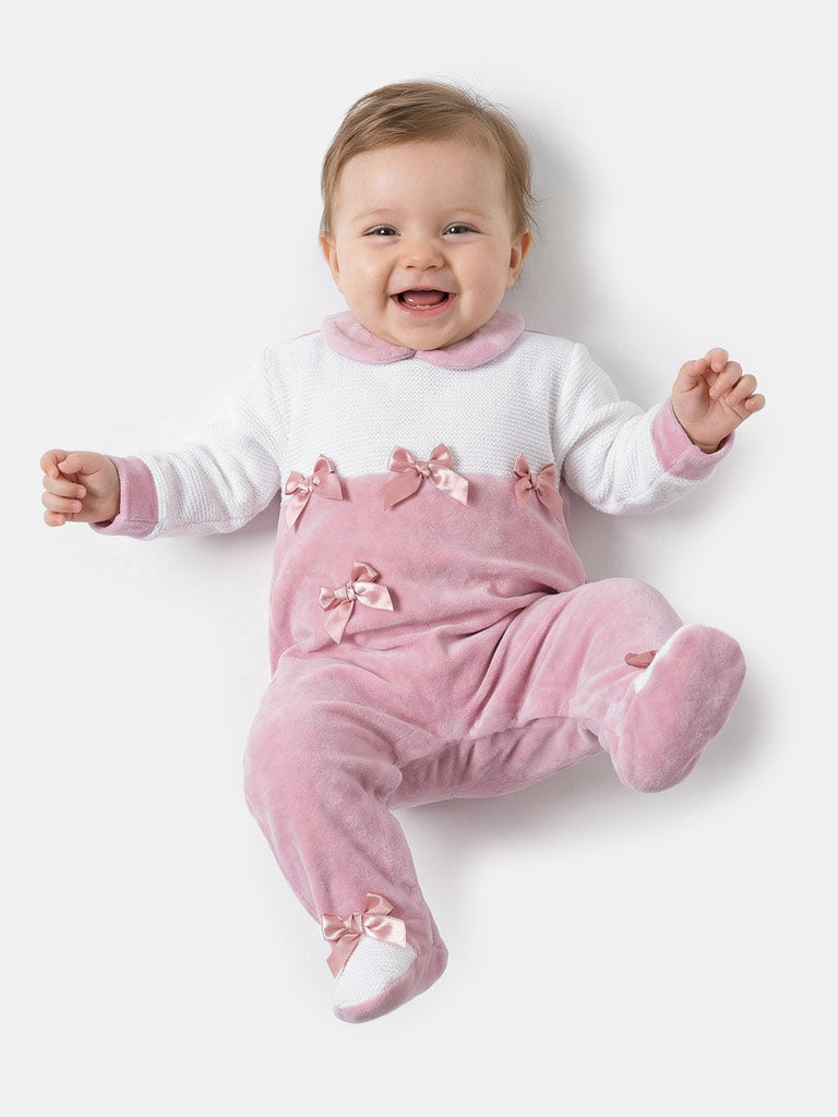 Baby Grow for Girls with Half-Knit Detail & 4 Satin Bows - Dusty Pink