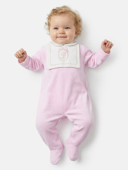 Velour Baby Grow with Embroidered Letter "B" - Baby Pink