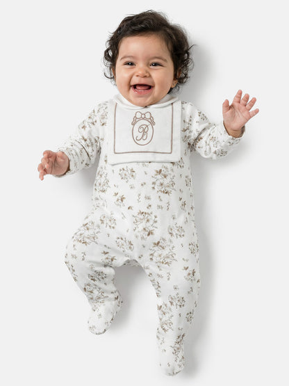 Floral Baby Grow for Girls with Embroidered Letter "B" - Beige
