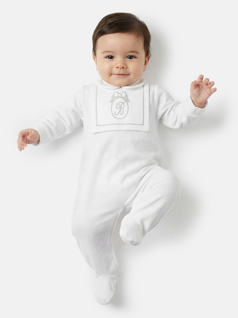 Velour Baby Grow with Embroidered Letter "B" - White