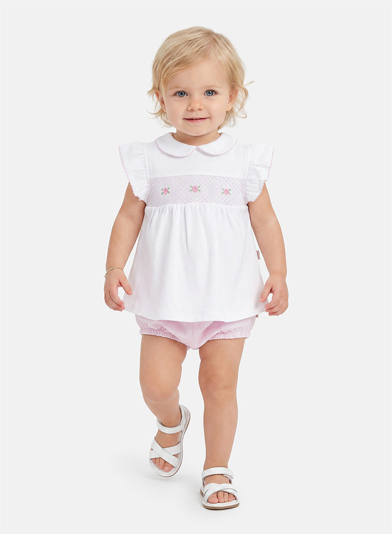 Baby Girl Malvina Collection 2-Piece Smocked Romper Set - Baby Pink