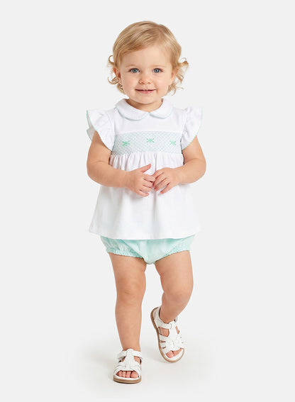 Baby Girl Malvina Collection 2-Piece Smocked Romper Set - Mint Green