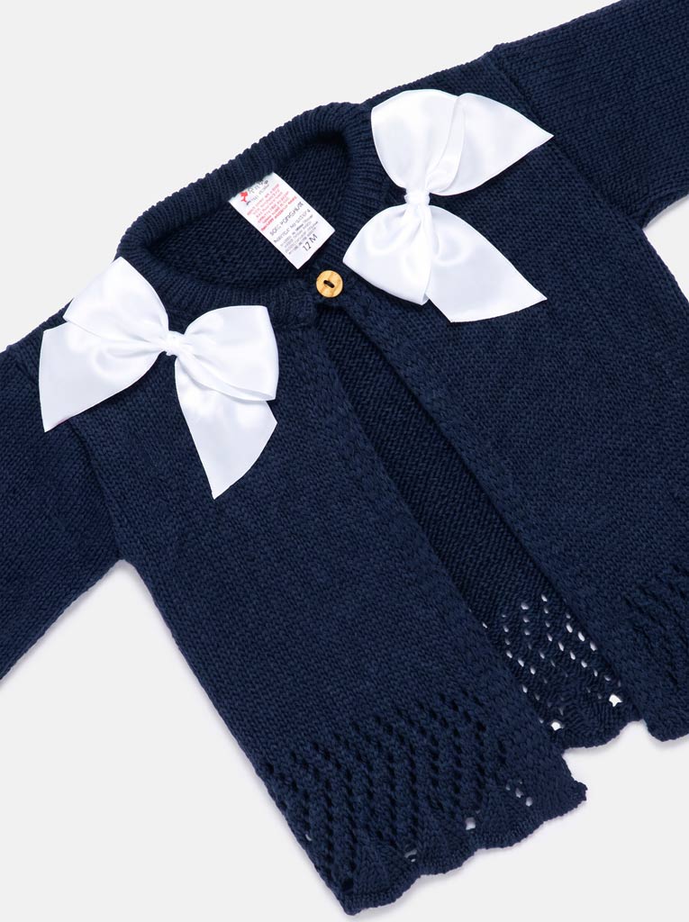 Baby Girl Cardigan with 2 Big Bows - Navy Blue & White Bow