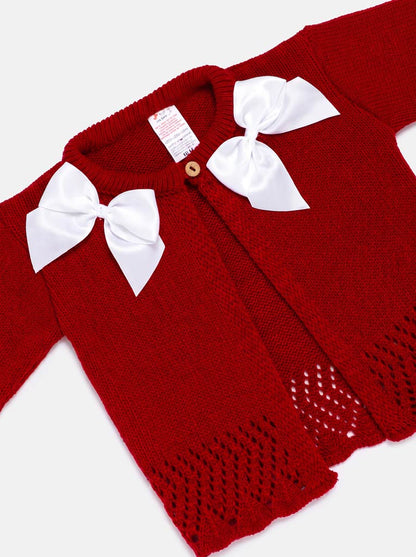 Baby Girl Cardigan with 2 Big Bows - Red & white Bow