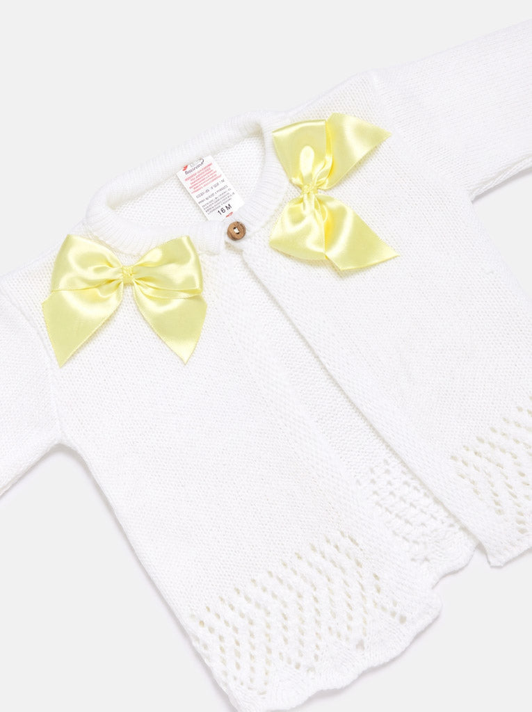 Baby Girl Cardigan with 2 Big Bows - White & Yellow Bow