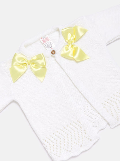 Baby Girl Cardigan with 2 Big Bows - White & Yellow Bow
