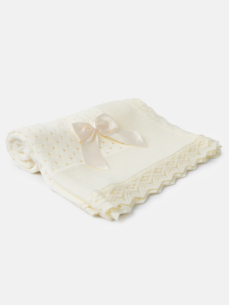 Baby Open Dot Knitted Spanish Blanket with Bow - Ivory