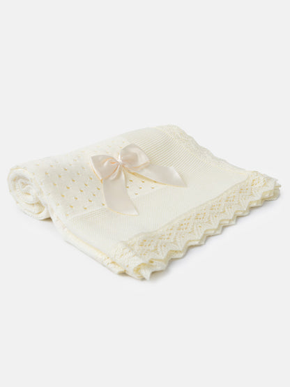 Baby Open Dot Knitted Spanish Blanket with Bow - Ivory