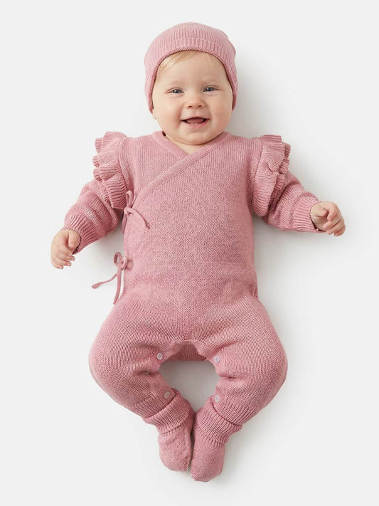 Baby Girl Melissa Collection Knitted 3-Piece Set - Wrap Pramsuit, Hat & Booties - Dusty Pink