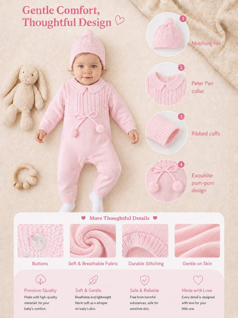Baby Sami Collection Knitted All-in-one with Hat - Baby Pink