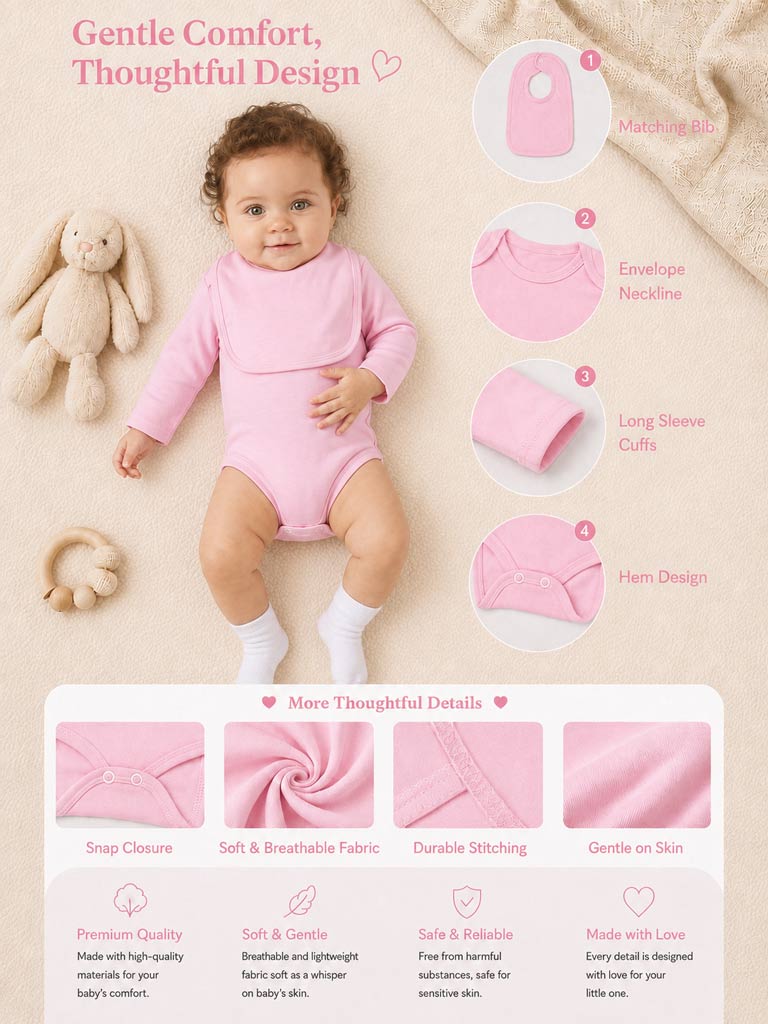 Baby Grow 5-Piece Cotton Set for Embroidery - Baby Pink
