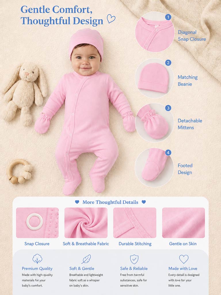 Baby Grow 5-Piece Cotton Set for Embroidery - Baby Pink