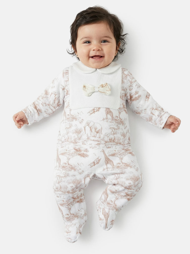 Baby Grow for Girls Safari Collection with Peter Pan Collar & Bow - Beige
