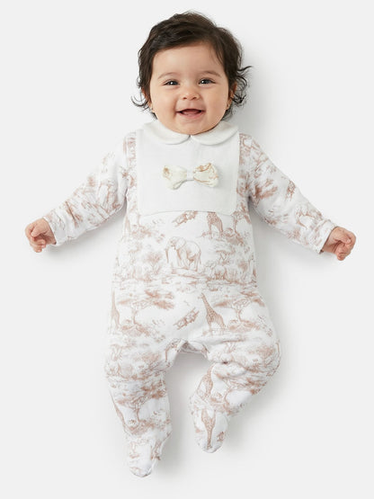 Baby Grow for Girls Safari Collection with Peter Pan Collar & Bow - Beige