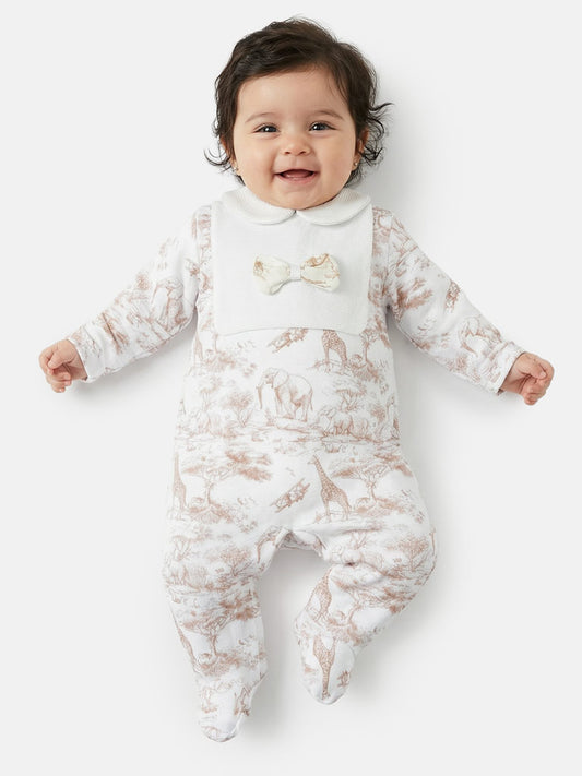Baby Grow for Girls Safari Collection with Peter Pan Collar & Bow - Beige