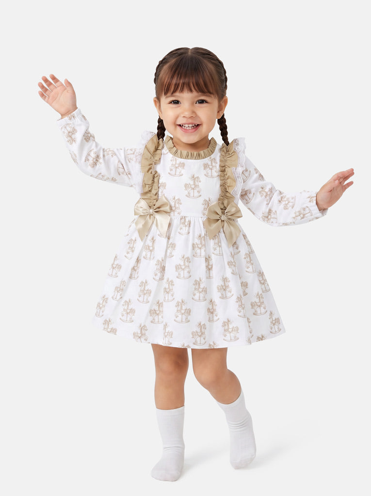 Baby Girl Long Sleeve Dress - Rocking Horse Collection - Beige