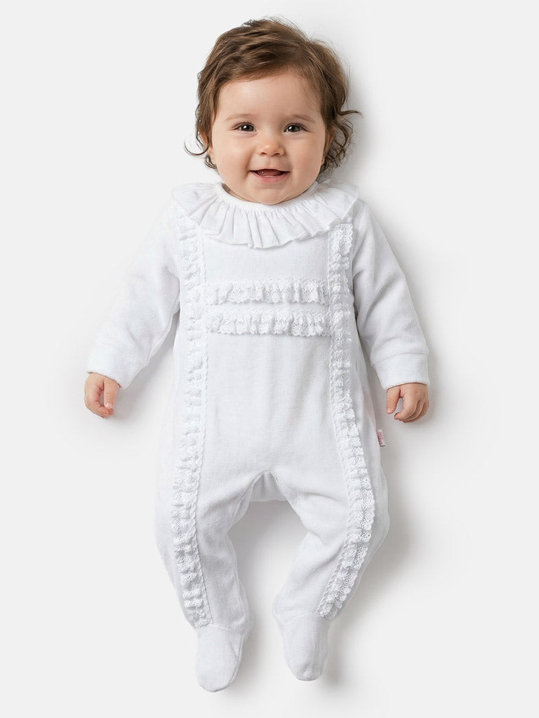 Velour Baby Grow for Girls with Lace Bodice Trim - White