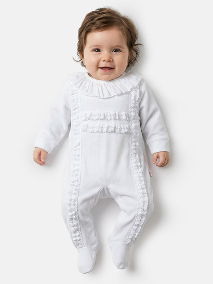 Velour Baby Grow for Girls with Lace Bodice Trim - White
