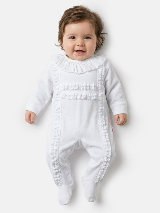 Velour Baby Grow for Girls with Lace Bodice Trim - White