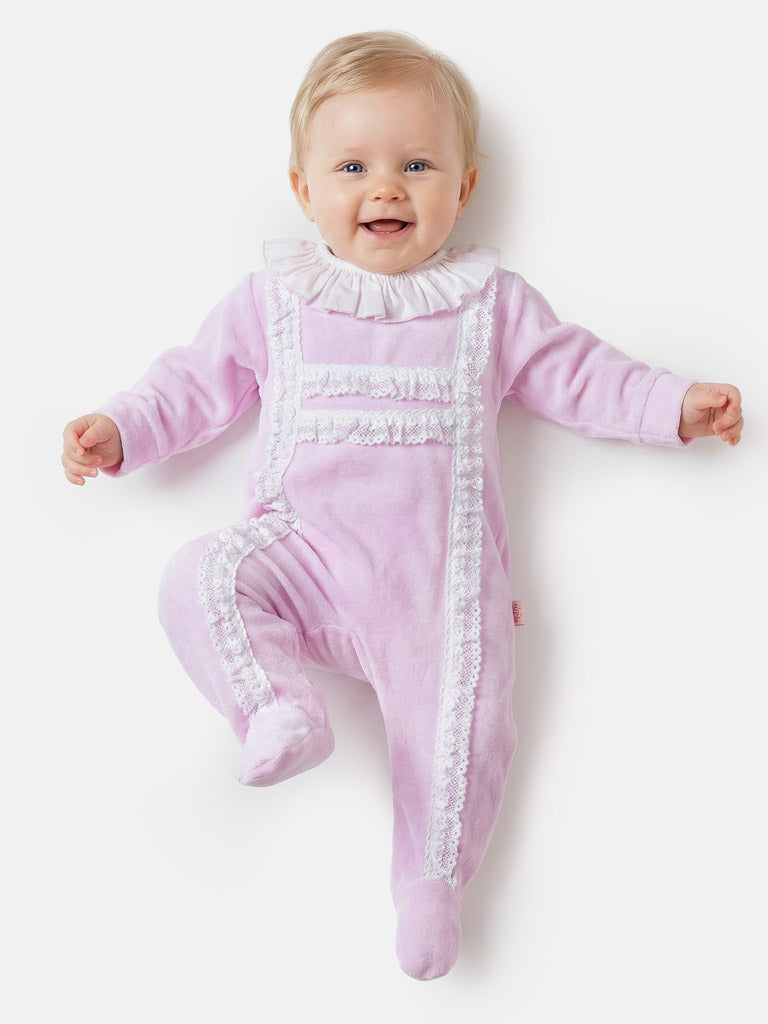 Velour Baby Grow for Girls with Lace Bodice Trim - Baby Pink