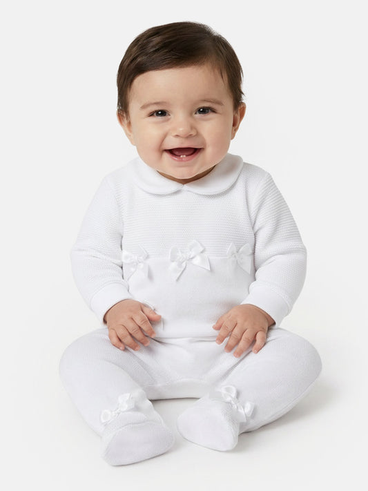 Baby Grow with Half-Knit Detail & 4 Satin Bows - White